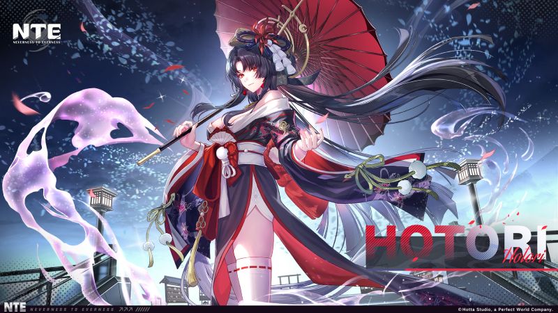 Hotori en NTE: Neverness to Everness Ilustración de un personaje femenino con atuendo inspirado en estética japonesa, sosteniendo un parasol rojo en un entorno místico.