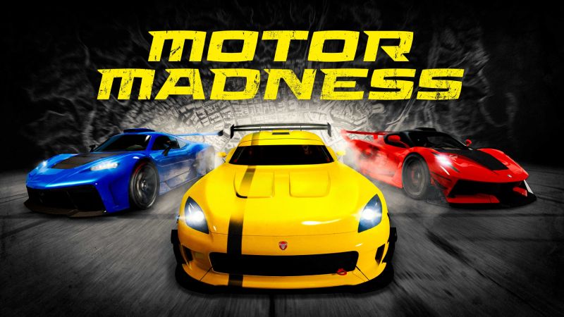 GTA Online – Caos motorizado Tres autos deportivos avanzan a gran velocidad sobre una pista, con colores llamativos y un diseño centrado en la acción automotriz.
