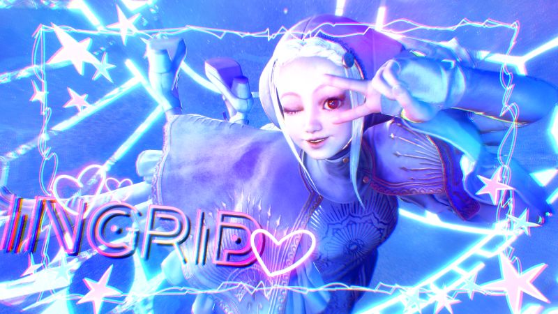 Arte promocional de Ingrid flotando en un entorno de energía cósmica con efectos luminosos y colores neón para su llegada a Street Fighter 6.