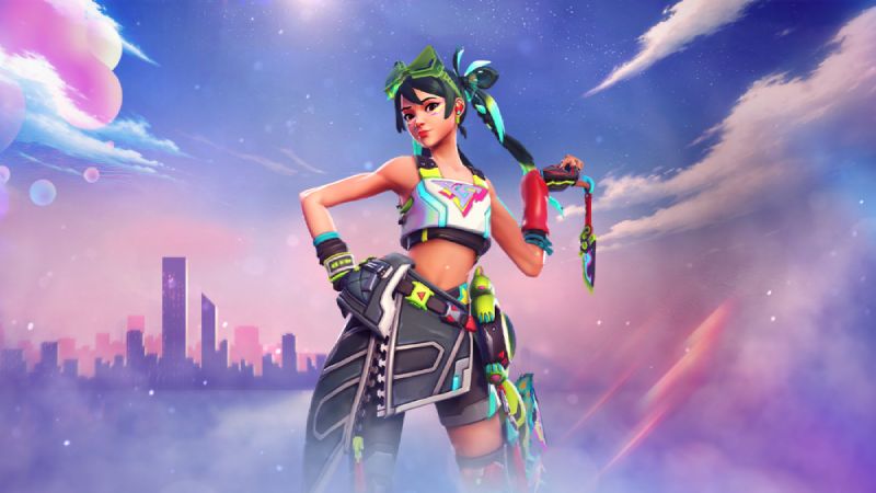 Ilustración de un personaje estilizado en un entorno futurista con colores vibrantes y estética de fantasía tecnológica.