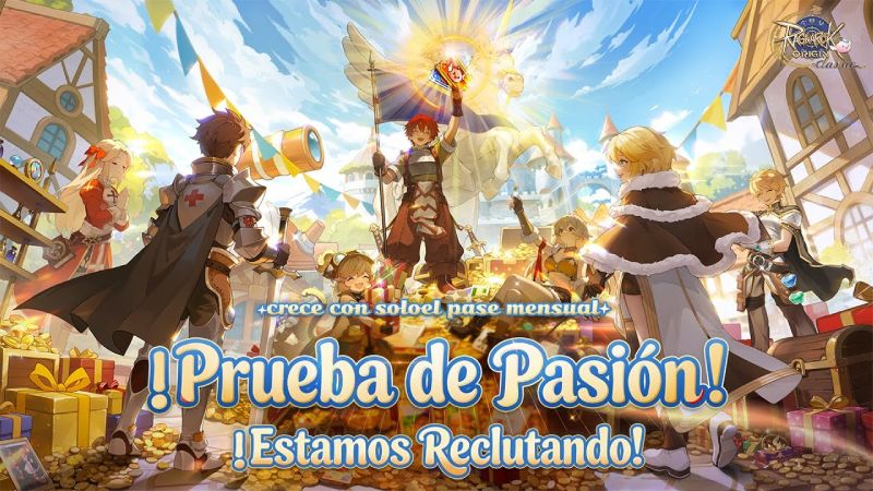 Ilustración colorida con personajes de fantasía en un entorno festivo, acompañados de cofres, monedas y criaturas aladas.