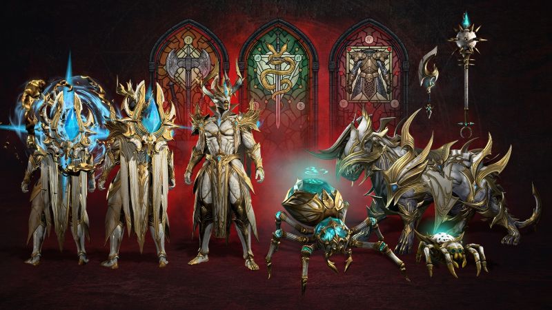 Conjunto de reliquias — Temporada del Juicio Grupo de personajes y criaturas blindadas con detalles dorados y cristales azules frente a vitrales de estilo gótico.