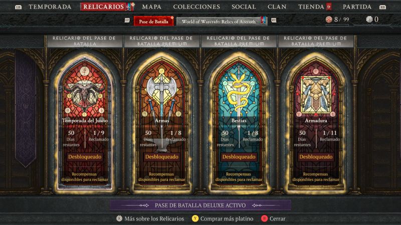 Menú de relicarios — Pase de Batalla Pantalla del Pase de Batalla mostrando cuatro relicarios: Temporada del Juicio, Armas, Bestias y Armadura, cada uno con progreso individual.
