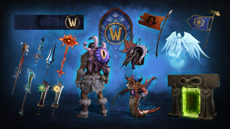 Colección temática — Reliquias de Azeroth Objetos y figuras de fantasía inspirados en el universo de World of Warcraft, con armas, estandartes y criaturas.