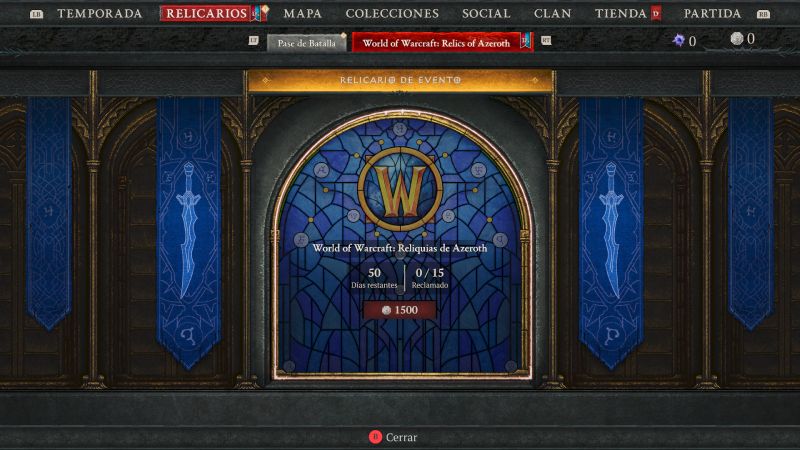 Interfaz del relicario — Reliquias de Azeroth Pantalla de evento con el emblema de World of Warcraft y un menú de progresión.