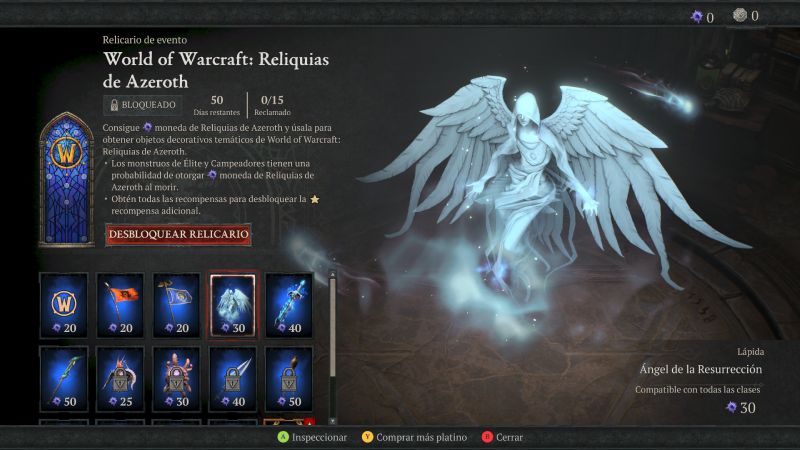 Lápida Ángel de la Resurrección — Reliquias de Azeroth Figura angelical luminosa junto a una lista de objetos desbloqueables.