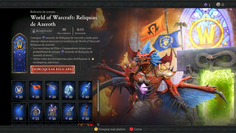 Criatura acorazada — Reliquias de Azeroth Criatura acorazada rodeada de efectos mágicos y estandartes de facciones.