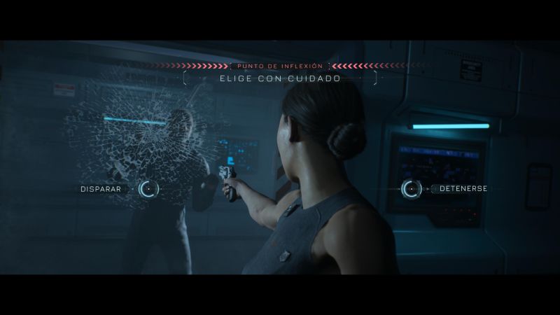 Directive 8020 — Punto de Inflexión Personaje apuntando un arma mientras otro se desintegra frente a él.