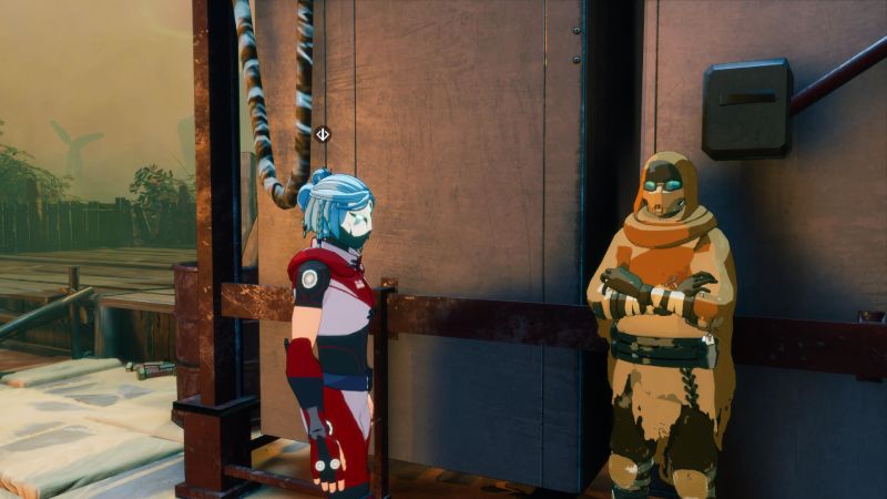 Ereban — Encuentro con aliados Dos personajes conversan en entorno industrial con estructuras metálicas.