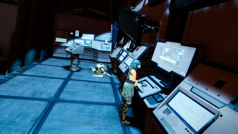 Ereban — Laboratorio de Helios Sala tecnológica con pantallas y figuras interactuando con equipo avanzado.