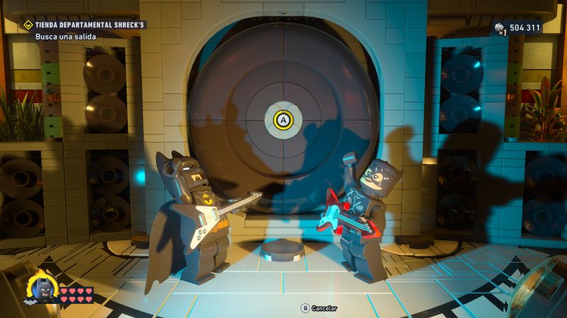 LEGO Batman — Momento musical Batman LEGO tocando guitarra eléctrica frente a una bóveda.