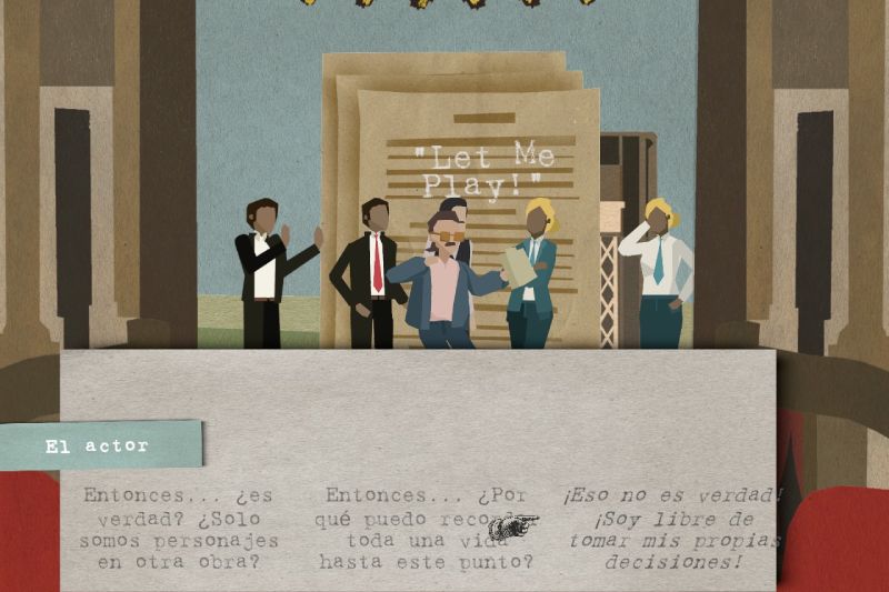 Toma de decisiones e interacción con el actor en Let Me Play! Captura de pantalla de la novela visual mostrando personajes vectoriales en un escenario teatral mientras en la caja de diálogo de "El actor" se despliegan tres opciones de respuesta cuestionando su realidad.