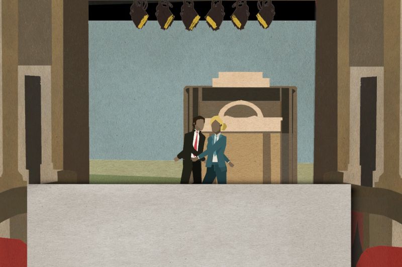 Diseño visual minimalista de Let Me Play! Dos personajes vectoriales planos de traje tomados de la mano sobre un escenario teatral minimalista frente a una utilería de elevador.