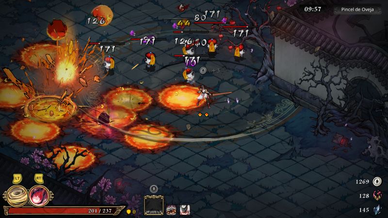 Personaje rodeado de explosiones y números de daño.