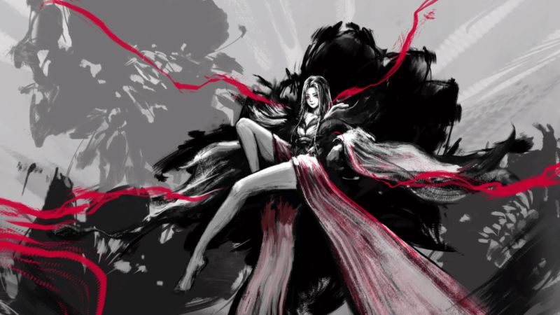 Figura rodeada de trazos rojos y negros en estilo de tinta.