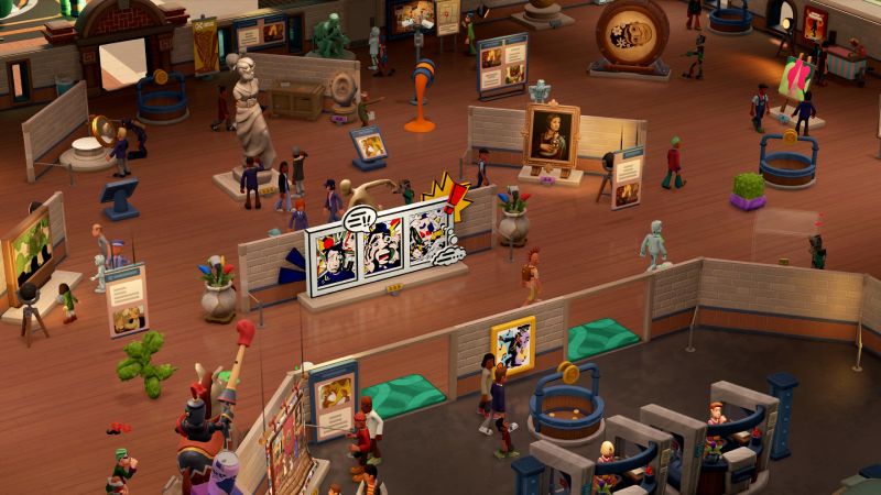 Museo animado con esculturas, pinturas y visitantes interactuando con exhibiciones.