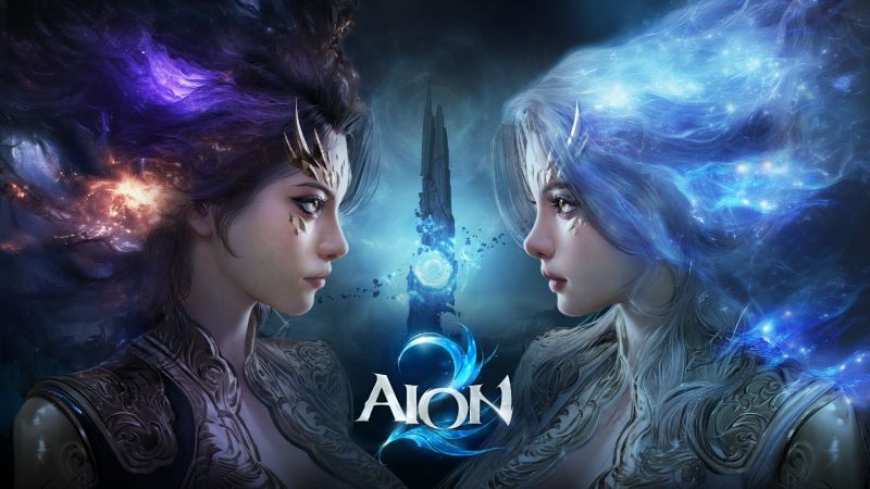 Arte promocional oficial de AION 2 mostrando los rostros de dos mujeres representantes de las facciones Elyos y Asmodianos frente a frente, una envuelta en destellos morados y oscuros y la otra en auras cósmicas azules, divididas al centro por el logotipo del juego y la Torre de la Eternidad destruida.