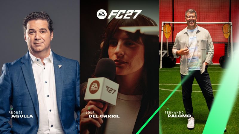 EA SPORTS FC 27 Narradores Latinoamerica Composición de tres fotografías de los narradores de EA SPORTS FC 27 para Latinoamérica. A la izquierda, el analista Andrés Agulla vistiendo saco azul; al centro, la periodista Lola del Carril sosteniendo un micrófono con el logotipo de FC 27; a la derecha, el relator Fernando Palomo posando en una cancha de futbol sintética.