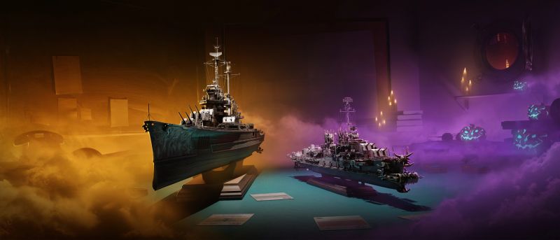 Escena en penumbra que muestra dos detalladas maquetas de barcos de guerra antiguos sobre un escritorio iluminado por una luz cálida y humo morado, rodeadas de calabazas de Halloween talladas con rostros sonrientes y brillantes.