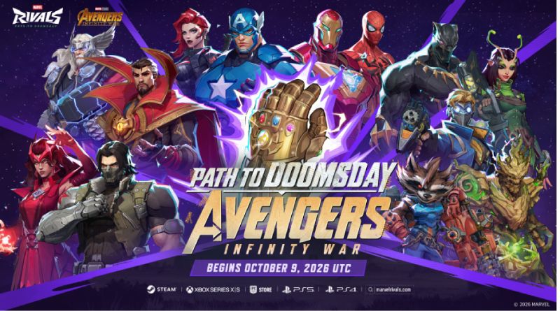 Marvel Rivals Temporada 10 5 Path to Doomsday Ilustración promocional morada de Marvel Rivals para la Temporada 10.5 Path to Doomsday, mostrando en el centro el Guantelete del Infinito rodeado de energía cósmica y el logotipo de Avengers Infinity War, flanqueado por los héroes Thor, Doctor Strange, Capitán América, Iron Man, Spider-Man, Pantera Negra, Bruja Escarlata y Groot.