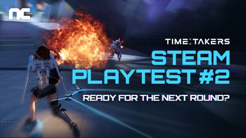 Imagen promocional con fondo oscuro y destellos de fuego a la izquierda, mostrando a una personaje de espaldas con alas mecánicas futuristas disparando en un entorno urbano. Al lado derecho se lee en letras grandes y azules el texto TIME TAKERS STEAM PLAYTEST #2 junto al letrero READY FOR THE NEXT ROUND?.