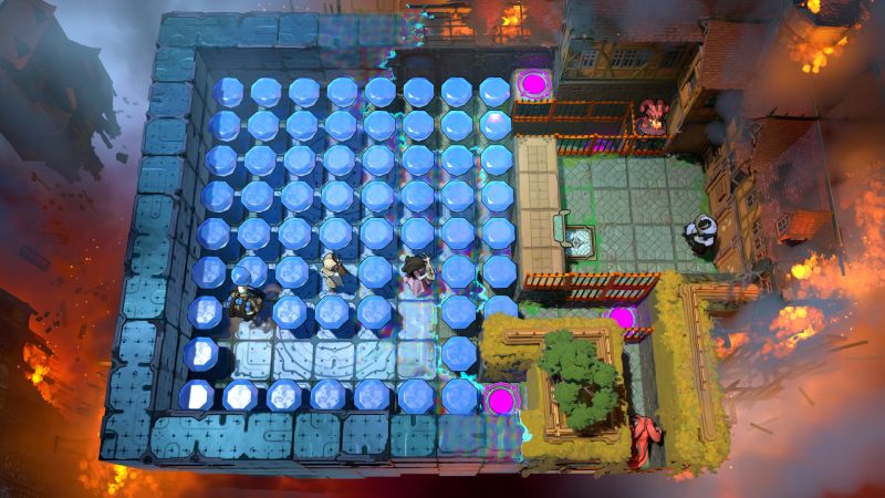 Vista cenital de un complejo puzle geométrico en Order of the Sinking Star, con una plataforma cuadrada repleta de fichas cilíndricas azules y personajes interactuando en pasajes de piedra, ambientado en un entorno fantástico con ruinas flotantes y cielos envueltos en fuego.