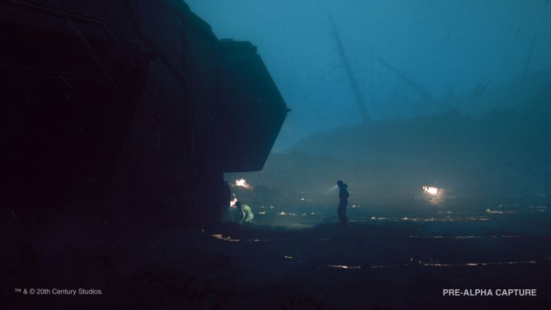 Silueta de un personaje caminando con linterna junto al enorme casco de una nave espacial estrellada en un entorno exterior oscuro y lluvioso.