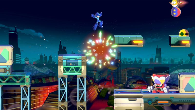 Mega Man saltando en el aire sobre plataformas en un escenario nocturno futurista rodeado de fuegos artificiales y enemigos.