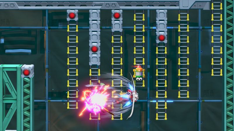 Proto Man ejecutando un ataque de corte cargado con un efecto de energía rosa contra un enemigo mientras escala estructuras metálicas.