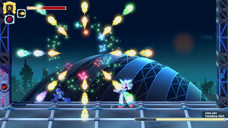 Proto Man envuelto en un aura de energía brillante amarilla y roja activando el sistema Override en pantalla.