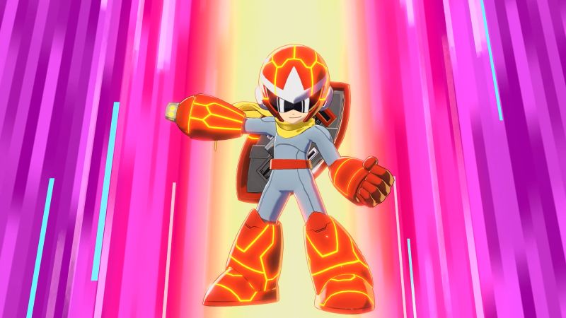 Mega Man realizando una barrida a nivel del suelo para esquivar explosiones de fuego en una instalación subterránea.