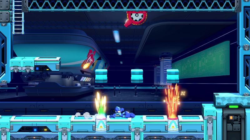 Mega Man enfrentándose a la jefa Twinkle Girl en un escenario rodeado de disparos en patrón circular de fuegos artificiales.