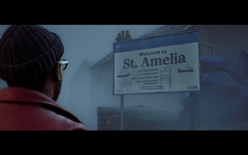 El letrero de bienvenida a St. Amelia marca la llegada de Simon al aparentemente abandonado pueblo costero de Escocia.