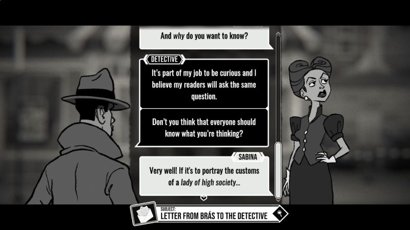 Interfaz de diálogo donde el detective realiza preguntas a Sabina con opciones de respuesta en globos de texto.