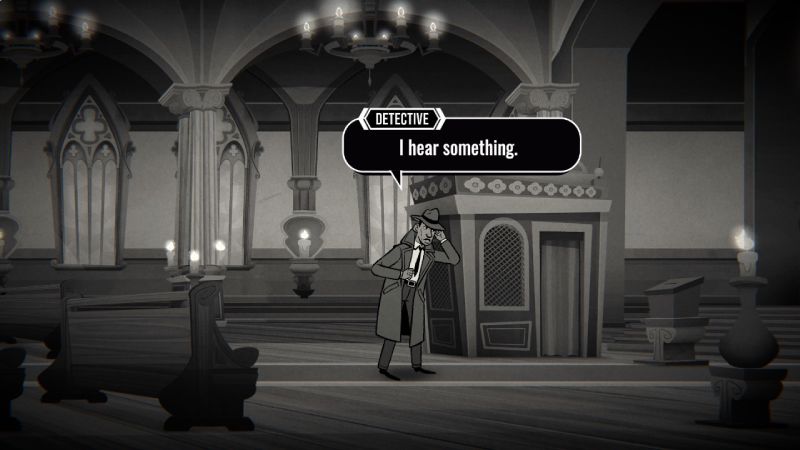 El detective escuchando ruidos dentro de una iglesia antigua ilustrada con estética de comic en blanco y negro.
