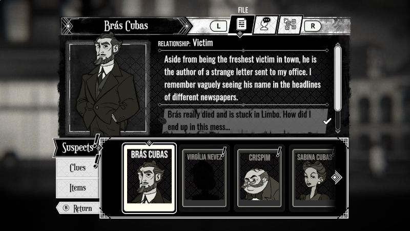 Ficha de perfil de Brás Cubas en el diario de investigación mostrando sus datos, retrato e información de sospechosos.