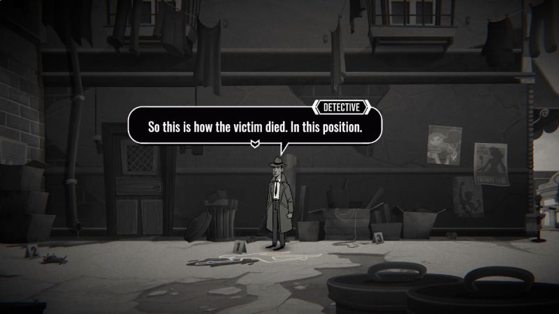El detective parado sobre la silueta de tiza del cadáver en un callejón nocturno examinando la escena.