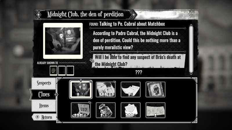 Pantalla de inventario mostrando pistas, testimonios y objetos recolectados como la nota sobre Midnight Club.