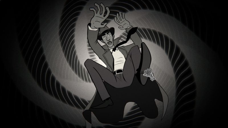 El detective cayendo en un vórtice en espiral al reiniciarse el ciclo diario e ingresar al Limbo.