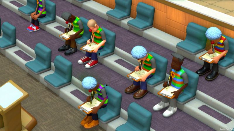 Grupo de personajes vestidos como payasos sentados en una sala de capacitación llenando formularios en carpetas con sujetador.