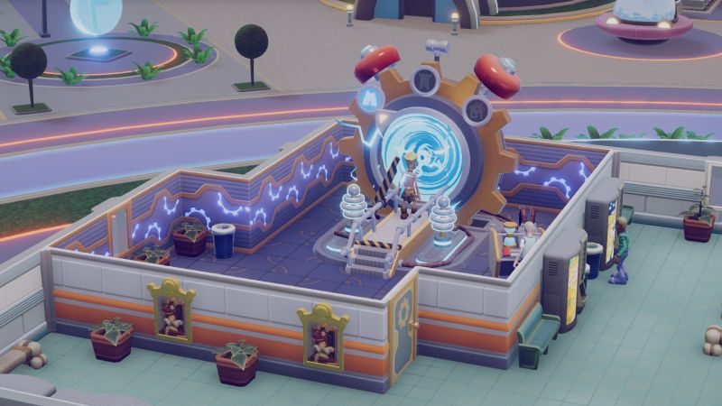 Una sala especial con un enorme portal temporal con engranajes e impulsos eléctricos de la expansión A Stitch in Time.