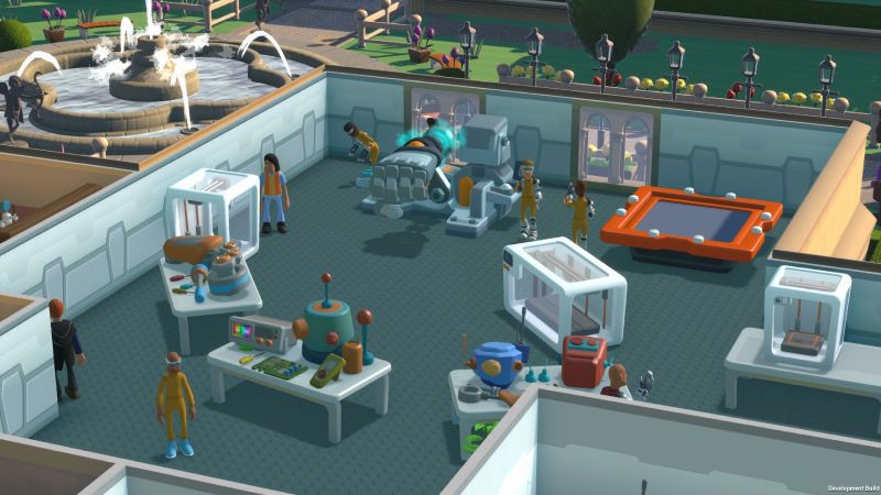 Un laboratorio de investigación con impresoras 3D, mesas con piezas electrónicas y científicos trabajando con batas amarillas.