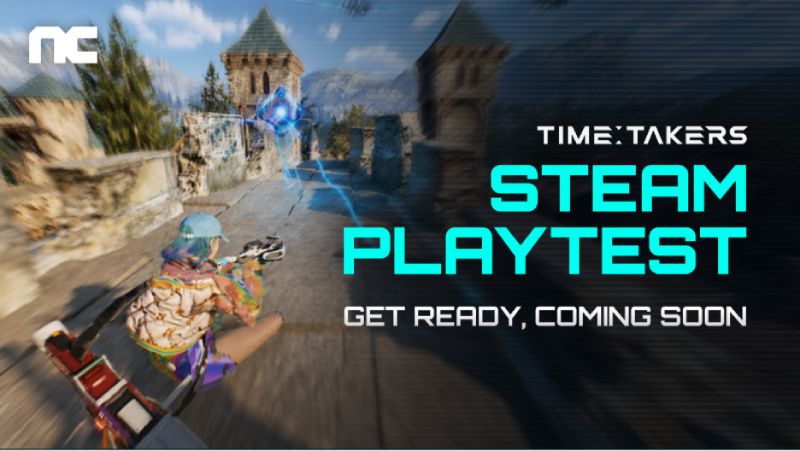 Captura de pantalla del videojuego TIME TAKERS en la que un personaje en perspectiva de tercera persona apunta una arma futurista en una calle empedrada entre edificios medievales, acompañada del texto "TIME TAKERS STEAM PLAYTEST GET READY, COMING SOON" y el logotipo de NC.