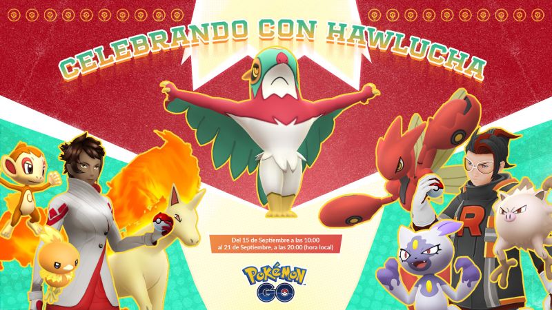 Ilustración oficial del evento Celebrando con Hawlucha. Al centro destaca la criatura Hawlucha con alas desplegadas. Del lado izquierdo aparece la líder Candela acompañada por Chimchar, Torchic y Rapidash. Del lado derecho se observa a Arlo junto a Scizor, Sneasel de Hisui y Mankey.