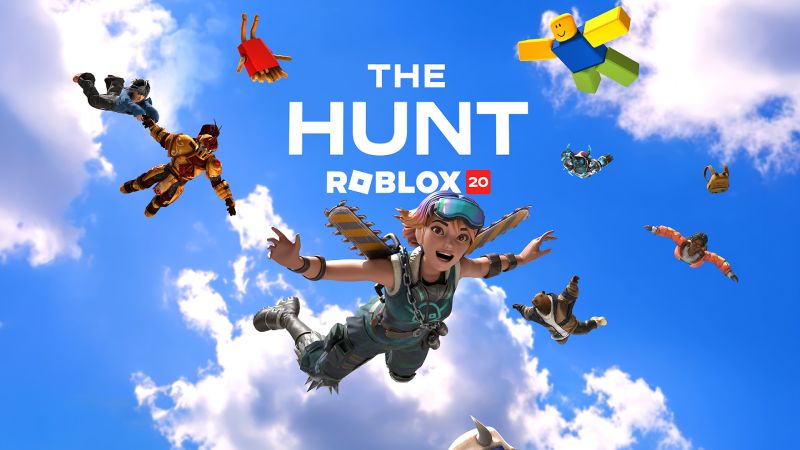The Hunt Roblox 20 Evento Aniversario Arte promocional de The Hunt: Roblox 20 mostrando a múltiples avatares de Roblox cayendo desde un cielo azul con nubes y el logotipo del evento al centro.