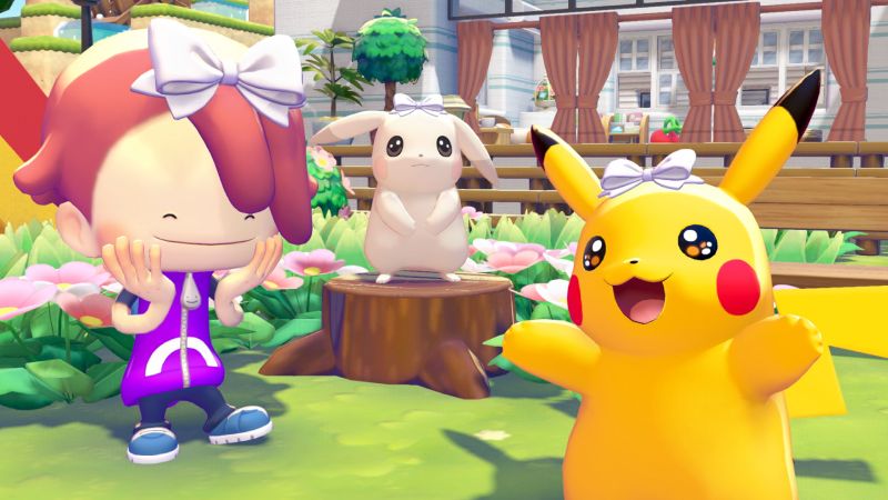 Captura de pantalla de Pokémon Pokopia Parte 2 mostrando a Ditto luciendo prendas y accesorios personalizados.