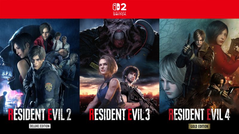 Arte oficial con los personajes principales de Resident Evil 2, Resident Evil 3 y Resident Evil 4 Gold Edition reunidos.