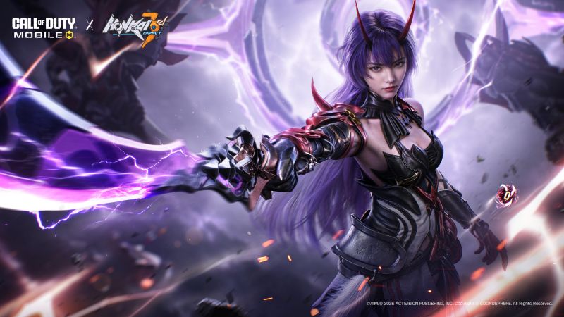 Rin Yoshida como Herrscher of Thunder Arte promocional de Rin Yoshida caracterizada como Herrscher of Thunder sosteniendo una katana de energía morada brillante con cuernos estilizados sobre su cabeza.