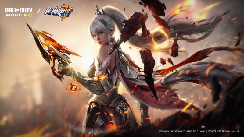 Siren - Herrscher of Flamescion en acción Ilustración detallada de Siren caracterizada como Herrscher of Flamescion sosteniendo una pistola mística envuelta en fuego y flamas doradas.