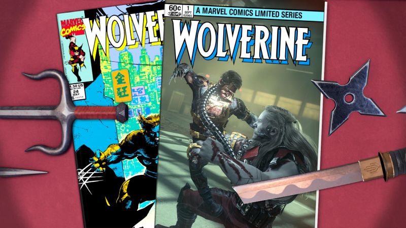 Composición tipo portada de cómic clásico de Wolverine junto a una captura del videojuego y armas tradicionales como sais y katanas.